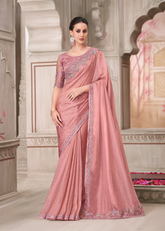 Powder Pink Georgette Saree with Ornate Tussar Silk Blouse