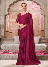 Wine Shimmer Georgette Saree with Detailed Tussar Silk Blouse