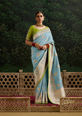 Sky Blue Dola Silk Saree with Lime Embroidered Blouse