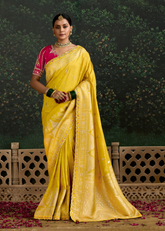 Yellow Dola Silk Saree with Embroidery & Pink Blouse