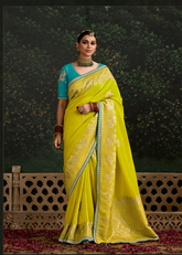 Lime Yellow Dola Silk Saree with Aqua Blue Embroidered Blouse