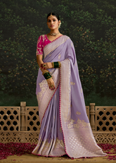 Lavender Dola Silk Saree with Hot Pink Embroidered Blouse