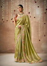 Pista Green Tissue Dola Silk Bridal Saree with Heavy Embellishments