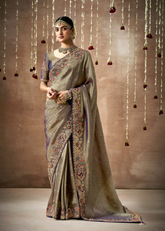Antique Gold Tissue Silk Bridal Saree with Heavy Work