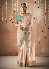 Blush Peach Tissue Silk Bridal Saree with Zari Embroidery