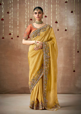 Mustard Yellow Bridal Saree in Tissue Silk with Heavy Work