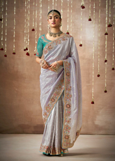 Lavender Grey Tissue Silk Bridal Saree with Heavy Work