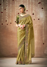 Olive Green Bridal Tissue Silk Saree with Heavy Embroidery