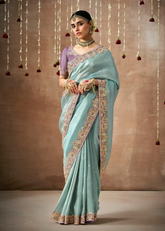 Aqua Blue Bridal Tissue Silk Saree with Embroidery