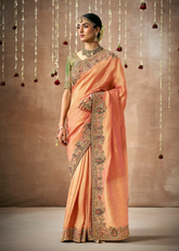 Peach Gold Bridal Saree with Mirror & Stone Work