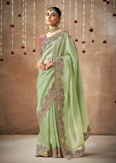 Pastel Green Bridal Tissue Saree with Heavy Work