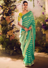 Striped Green Banarasi Tissue Saree with Sequin Border