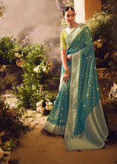 Teal Green Banarasi Tissue Saree with Zari Weaving