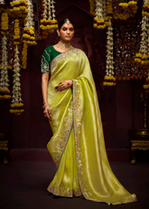Lime Green Banarasi Kanjivaram Saree with Sequin Detail