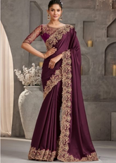 Wine Soft Silk Saree with Antique Embroidered Blouse
