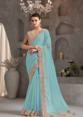 Aqua Crustal Chiffon Saree with Delicate Embroidery Work