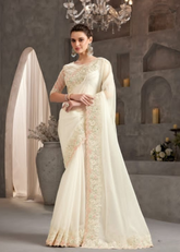 Off-White Crustal Chiffon Saree with Delicate Thread Embroidery