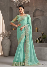 Aqua Blue Two-Tone Chiffon Saree with Gradient Embroidery Detail
