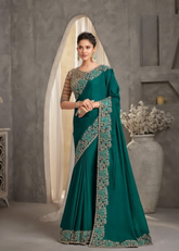Emerald Green Georgette Silk Crush Saree with Statement Embroidery