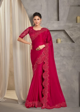 Rani Pink Satin Chiffon Saree with Bold Embroidered Border