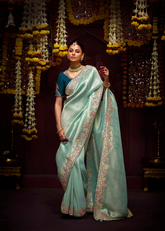 Sea Green Banarasi Kanjivaram Saree with Stone Border