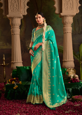 Turquoise Crepe Dola Silk Saree for Festive Wear