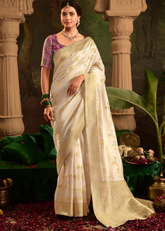 Off-White Dola Silk Saree with Gold Zari Weaves