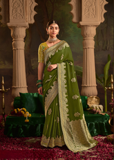 Olive Green Zari Embroidered Dola Silk Saree