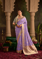Lavender Dola Silk Saree with All‑Over Buta & Golden Border