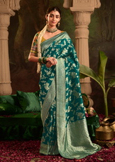 Emerald Teal Dola Silk Saree with Golden Floral Weaving & Broad Border
