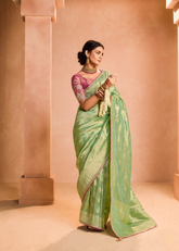 Zari Tissue Silk Saree with Embroidery & Contrast Blouse