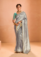 Elegant Grey Zari Tissue Silk Saree with Embroidered Blouse