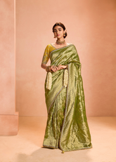Olive Green Zari Tissue Silk Saree with Designer Blouse