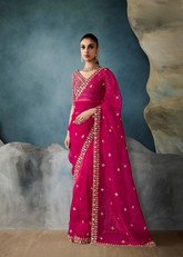 Fuchsia Pink Saree with Zari-Embroidered Blouse Design