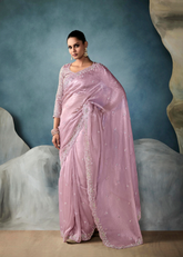 Blush Pink Shimmer Tissue Saree with Embroidered Blouse