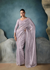 Lavender Ho Tissue Saree with Embroidered Blouse & Cutwork Border