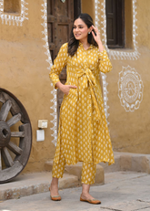 Pure Maslin Mustard Kurti Set with Digital Print & Full Inner