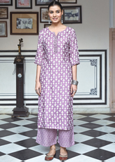 Lavender Pure Maslin Kurti Set with Digital Print & Heavy Crepe Inner