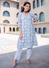 Sky Blue Wrap Kurti Set in Pure Maslin with Crepe Inner