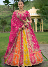 Multicolor Silk Embroidered Lehenga with Pink Dupatta