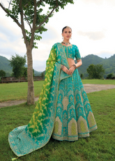 Teal Green Embroidered Silk Lehenga with Bandhej Dupatta