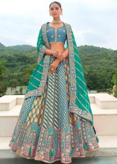 Grey Banarasi Silk Lehenga with Embroidered Green Dupatta