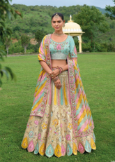 Pastel Embroidered Lehenga with Multicolor Dupatta