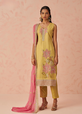 Yellow Floral Kurta Set with Pink Chiffon Dupatta