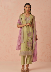 Green Embroidered Kurta Set with Lilac Chiffon Dupatta