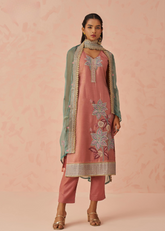 Rose Kurta with Mint Dupatta in Embroidered 3-Piece Set