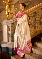 Ivory Banarasi Silk Saree with Pink Zari Border