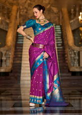 Purple Banarasi Silk Saree with Teal Zari Border