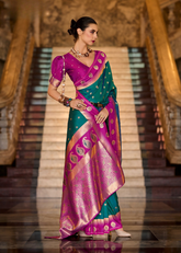 Teal & Magenta Banarasi Silk Saree with Golden Zari