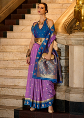 Purple Banarasi Silk Saree with Blue Zari Border